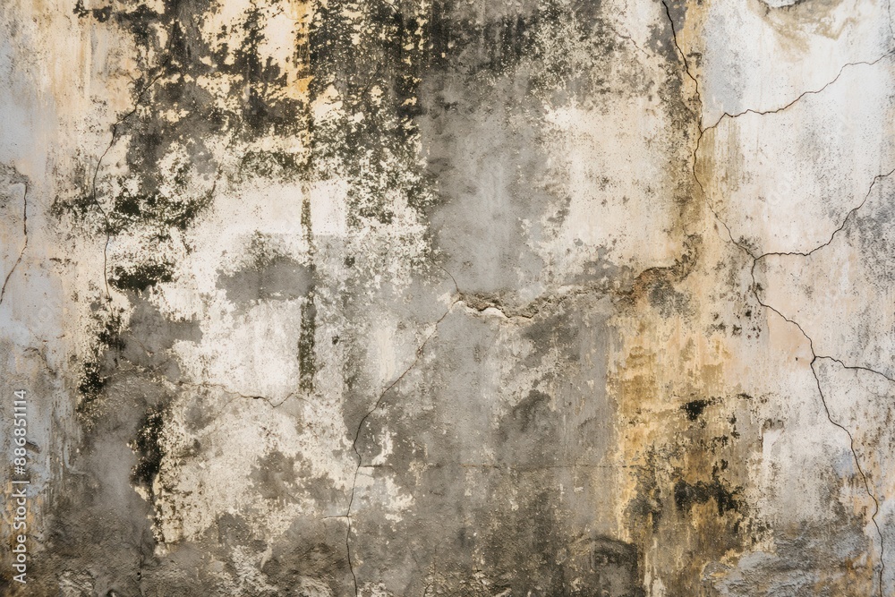 Poster old weathered wall with peeling paint cracks, gray brown colors. close-up view from below emphasizin