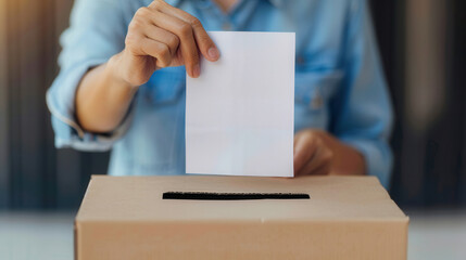 Hand placing vote in a ballot box for International Day of Democracy, civic duty concept.
