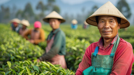 Diverse workers harvesting fairtrade tea during Fairtrade Fortnight, emphasizing community and labor.