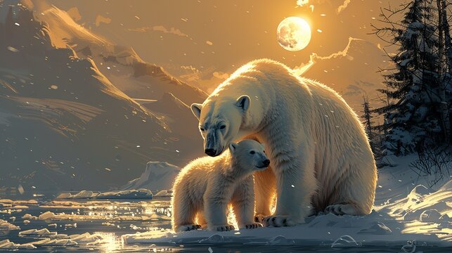 Playful depiction of a polar bear cub playing with its mother in a snowy Arctic landscape, conveying warmth and family bonds. Illustration, Image, , Minimalism,