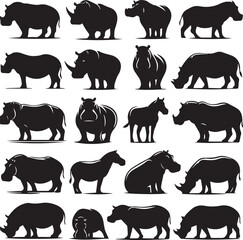 Hippo Silhouette Of Bundle, Black Color Isolated On White Background Vector And White Background