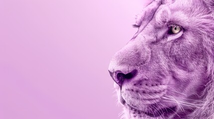  A tight shot of a white tiger's face against a pink and purple backdrop, with the tiger's head as the focal point