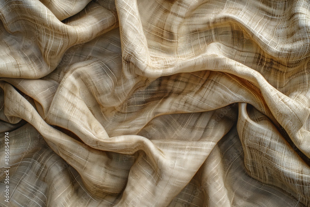 Poster close-up view of crumpled white fabric with beige, gray stripes. fabric appears wrinkled, background