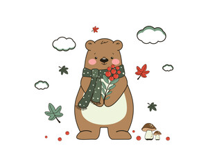 A cute children's illustration with a funny bear. Vector design for postcards, covers, banners and more.