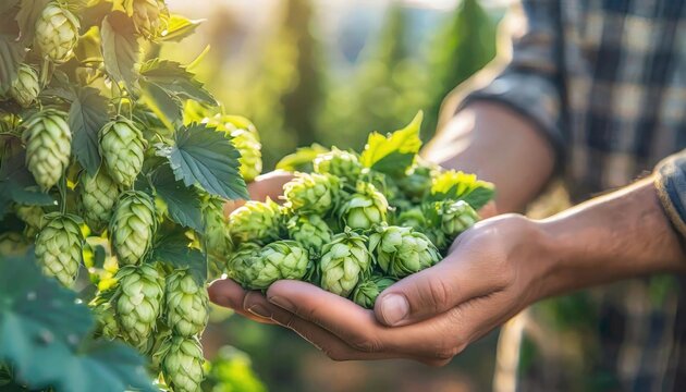 Hands holding fresh green hops in a field, highlighting agricultural produce.