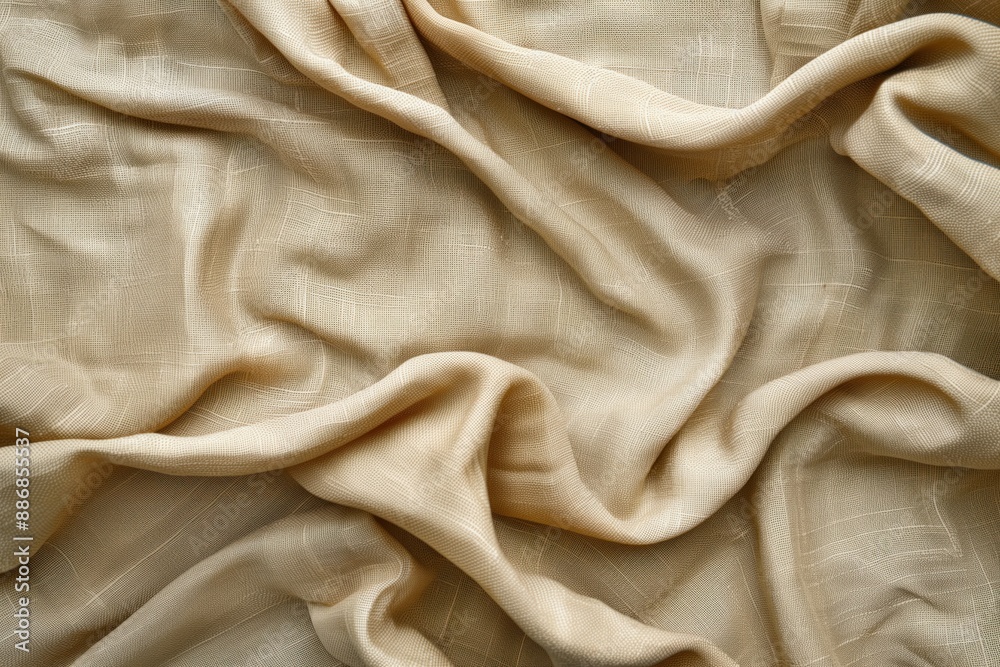 Aufkleber Close-up view of beige canvas cloth with smooth surface, folded at bottom creating texture. Fabric shines slightly, focus on intricate details. Ideal for design, art, and creative projects.