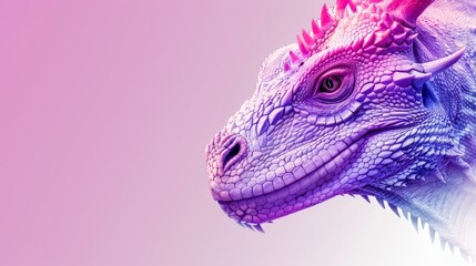 Obraz premium A tight shot of a dragon's head against a pastel backdrop, featuring pink and purple hues; a hazy sky overlays the scene