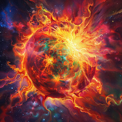 A hyperrealistic image of the sun exploding in a cataclysmic event, with enormous plumes of fire and plasma erupting from its core. 