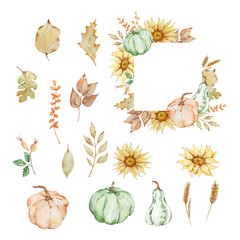 Watercolor autumn frame with pumpkin, sunflowers, fall leaves