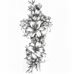 a sketch tattoo of a Latin cross intertwined with floral elements such as roses, lilies, and vines, showcasing delicate line work and a blend of religious and natural beauty