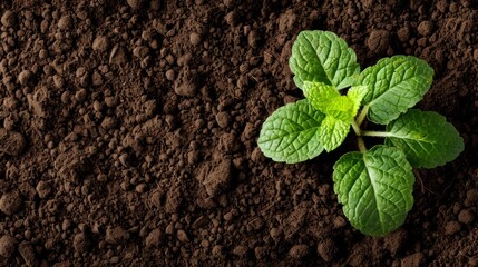  A plant emerges from the earth, foreground featuring loose soil Background displays continual soil expanse