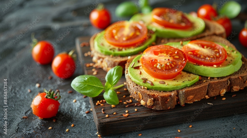 Sticker healthy breakfast ideas, nutrient-packed breakfast avocado toast on whole grain bread with cherry tomatoes served on a wooden board with text space