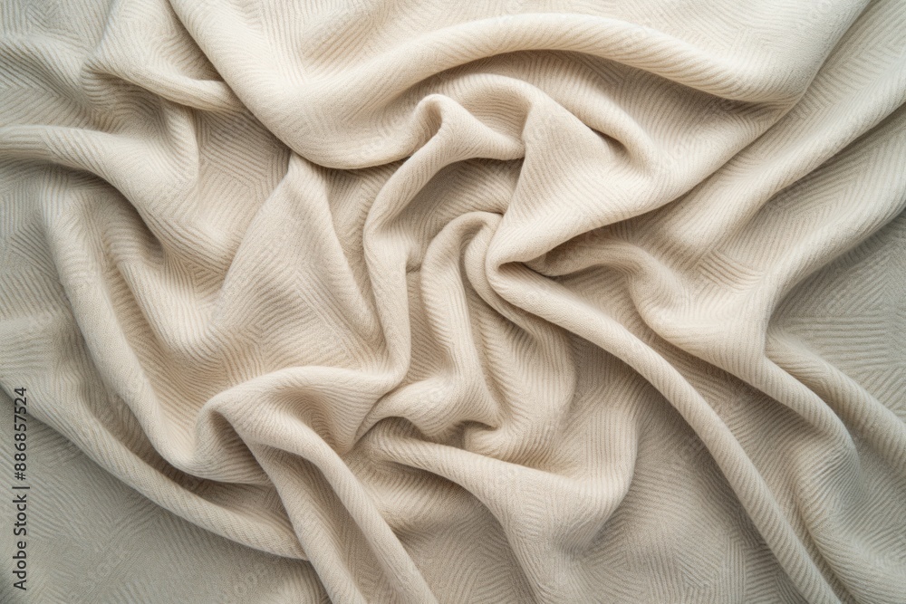 Aufkleber Close-up view of beige fabric with intricate texture and pattern. Fabric folded in half creating sense of depth and dimension. Smooth surface, natural Cashmere cloth texture.