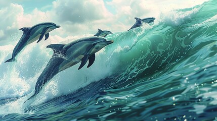 Lively illustration of a pod of dolphins surfing ocean waves, displaying their playful nature. Illustration, Image, , Minimalism,