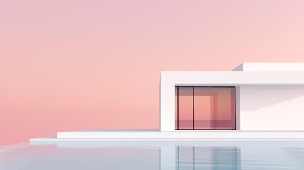 A minimalist villa blueprint with a 3D model, against a gentle pastel pink backdrop, flat design illustration, high-resolution photo, realistic photo, cinematography