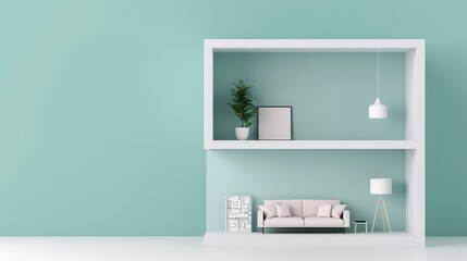 Fototapeta premium A modern duplex design with floor plans, set against a soft pastel teal background, flat design illustration, high-resolution photo, realistic photo, cinematography