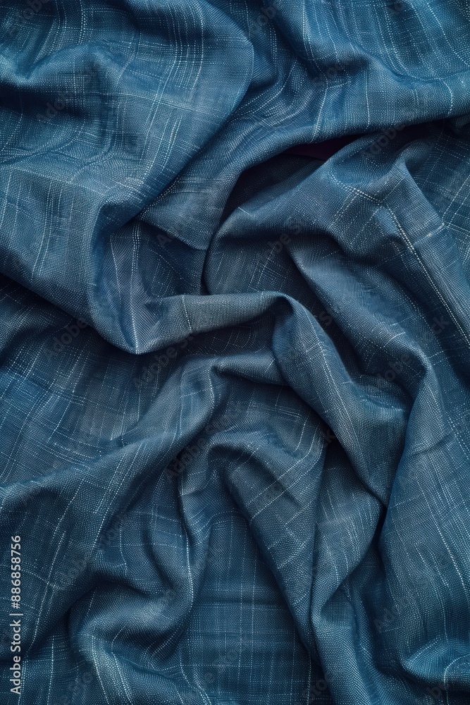 Poster Blue and white fabric texture close-up. Crumpled cloth with smooth surface. Natural Chambray material. Textured appearance. Harmonious color balance. Blurred background focuses on fabric details.
