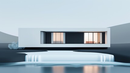 A modern riverside house blueprint with a 3D model, set against a flowing river, flat design illustration, high-resolution photo, realistic photo, cinematography