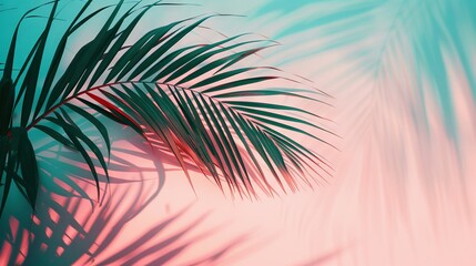  A close-up of a palm leaf against a pink and blue backdrop, set against a pink and blue sky