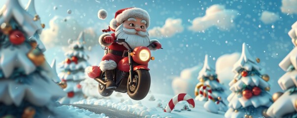 3D cartoon Santa Claus riding motorcycle in snowy Christmas landscape, festive holiday scene