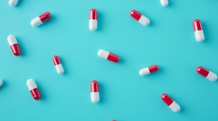 High-resolution top-down view of assorted pharmaceutical capsules on a white background, perfect for medical and healthcare banners or advertisements.