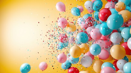   Balloons with confetti and sprinkles on yellow background, with space for text