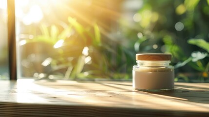 Body care product jar on table with blurred background Text space