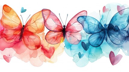   Group of Colorful Butterflies - Optimal Text ..Colorful butterflies fly together on white surface; blue, red, yellow, pink