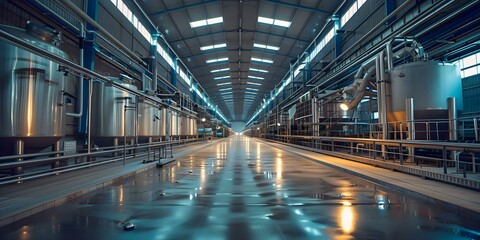 Fototapeta premium Overall perspective of the interior equipment at a dry milk factory. Concept Factory layout, Machinery, Processing equipment, Packaging materials, Quality control