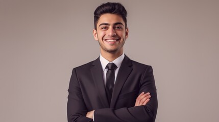 Confident Young Pakistani Businessman Standing with Arms Crossed in Formal Suit, Professional Business Headshot
