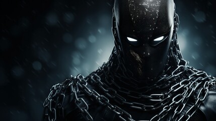 A mysterious figure, shrouded in darkness and chains, stares intently into the distance