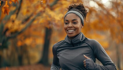 A woman is jogging and smiling in a park filled with vibrant autumn foliage, portraying a moment of joy and healthy living during an outdoor workout.