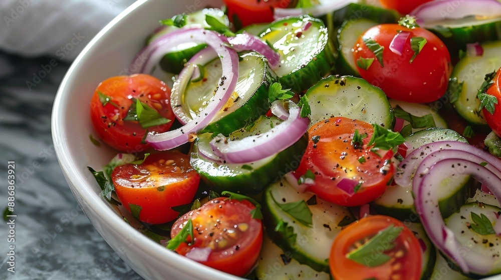 Wall mural summer salad recipe, cool summer salad idea crisp cucumber, cherry tomatoes, red onions, and tangy greek yogurt dressing perfect for beating the heat