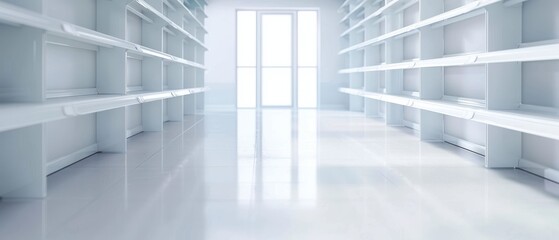 Obraz premium A large, empty white room with shelves and a door