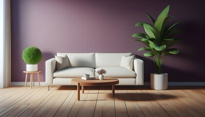 Minimalist Living Room: White Sofa and Wooden Coffee Table Against Purple Wall