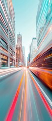 A blurry city street with a bus in the middle