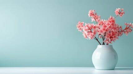 Fototapeta premium A white table holds a vase filled with pink flowers, behind which is a blue wall
