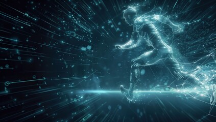 An abstract digital illustration of a runner with light trails signifying speed and technology, representing futuristic advancements in athletic performance and human endurance.