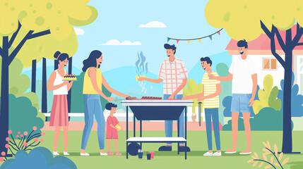 Fototapeta premium A family is gathered around a barbecue grill, with a man cooking food