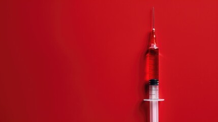 Vaccination syringe on red background with space for text