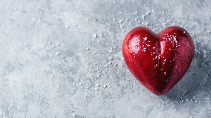   Red heart-shaped object sits atop snow-covered ground with white sprinkles