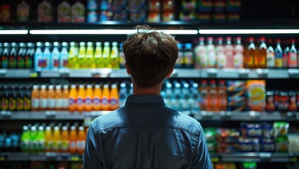 An individual stands in front of a well-lit fridge filled with colorful bottled drinks in a supermarket aisle, reflecting choice, variety, and consumerism.