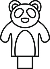 Black and white outline drawing of a panda puppet standing on stage for a show