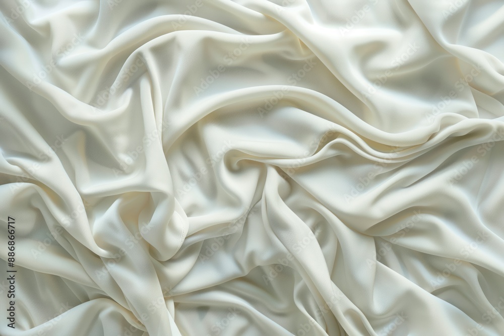 Poster Crumpled white fabric texture with intricate folds and creases. Close-up view of Jersey cloth surface with smooth finish. No background distractions or objects visible.