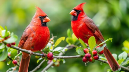  Red birds perch on a lush tree, its branches adorned with green leaves and berries
