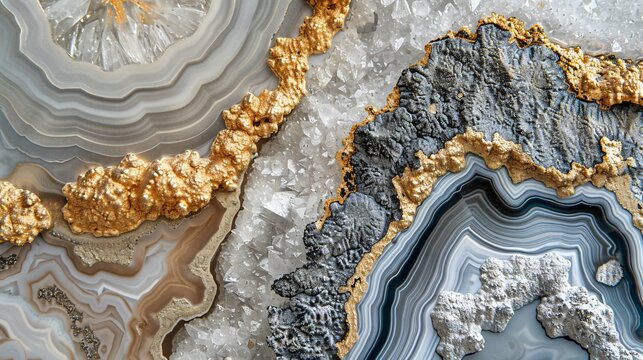 Cross-sections of metallic geodes in gold and silver, with crystalline textures and intricate details