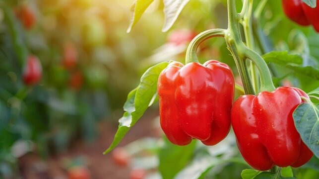 peppers against green leaves, sunlight filtering through overleafing greens