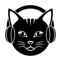 cat head in headphones Silhouette illustration on a white background
