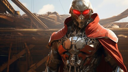 A metallic superhero with a red cape stands in a destroyed city