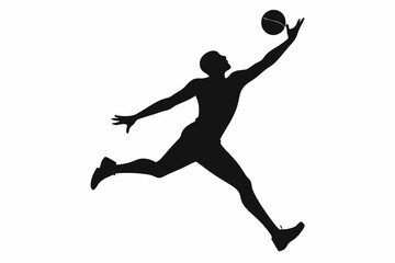  A basketball player jumping with arms fully extended, attempting to block an opponent's shot